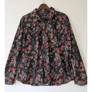 Chaps Dark Floral Button Down Peasant Shirt Long Sleeve Womens XL Career Casual‎